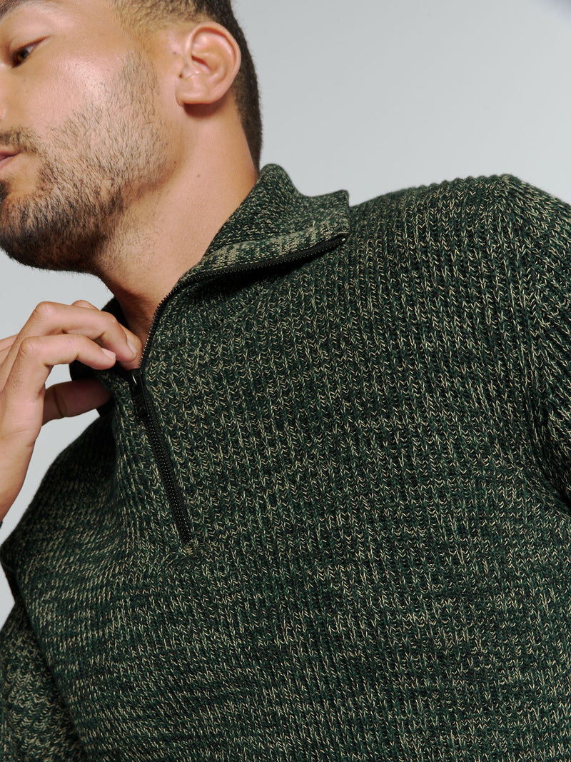 Half-Zip Sweater with High Collar in Three-Tone Ribbed Design: Modern Elegance and Comfort | Dark Green