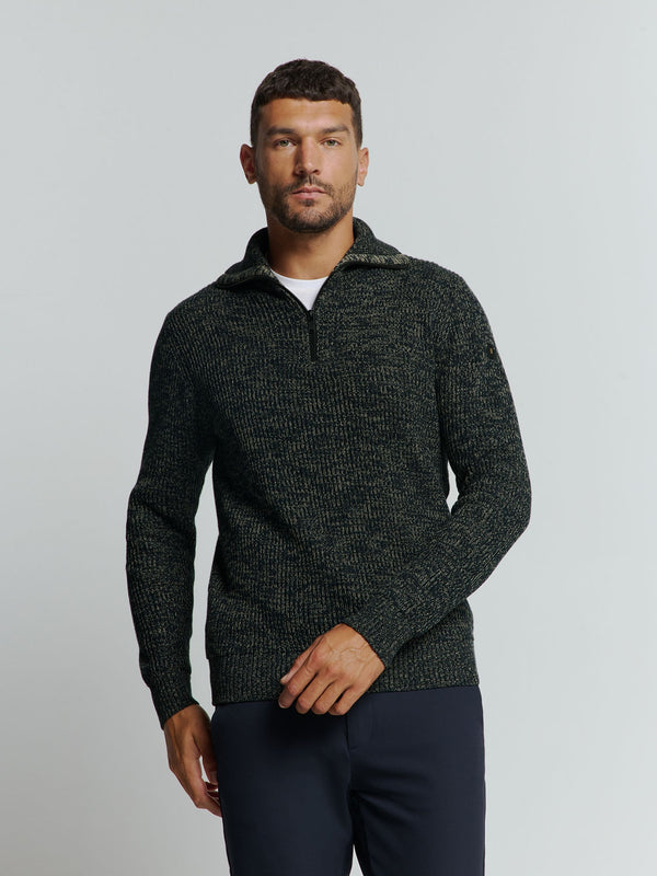 Half-Zip Sweater with High Collar in Three-Tone Ribbed Design: Modern Elegance and Comfort | Night