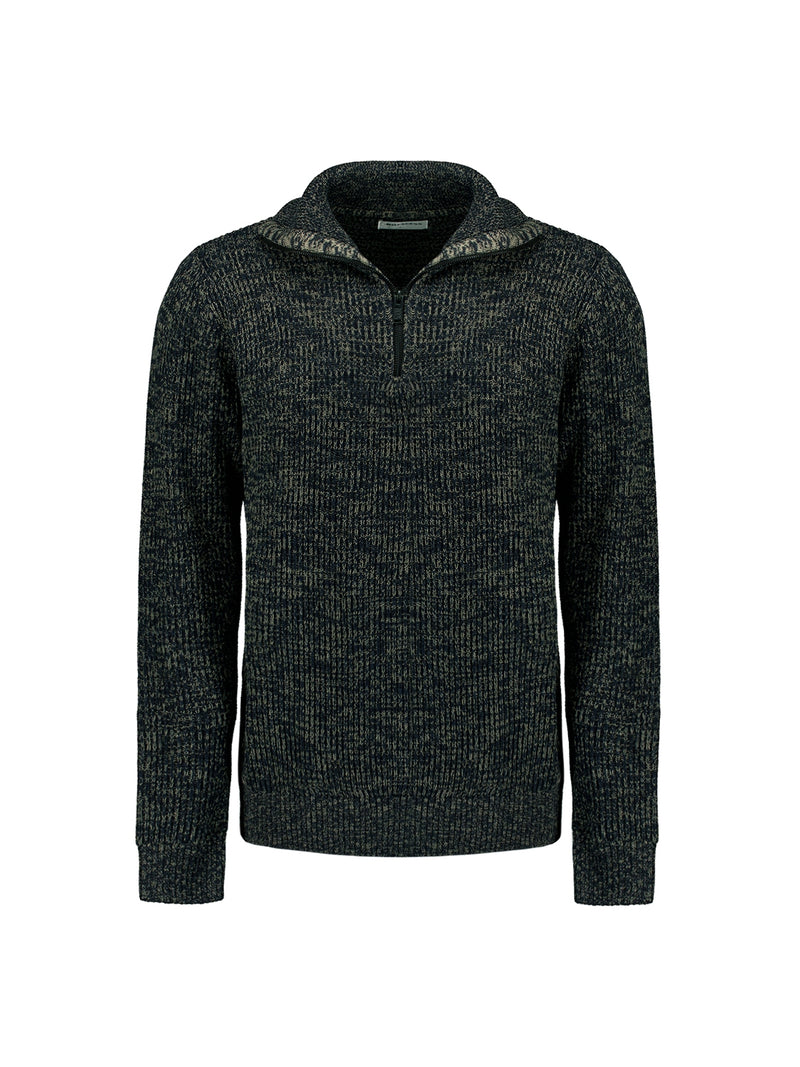 Half-Zip Sweater with High Collar in Three-Tone Ribbed Design: Modern Elegance and Comfort | Night