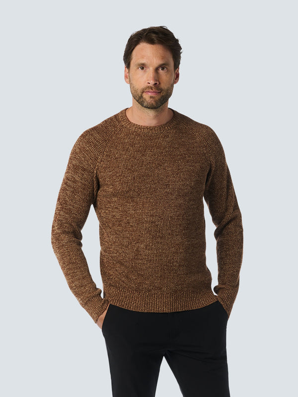 Round Neck Sweater with Tri-Color Rib Pattern: Stylish Comfort with a Colorful Twist | Brown