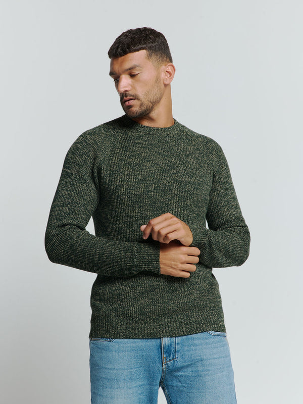 Round Neck Sweater with Tri-Color Rib Pattern: Stylish Comfort with a Colorful Twist | Dark Green