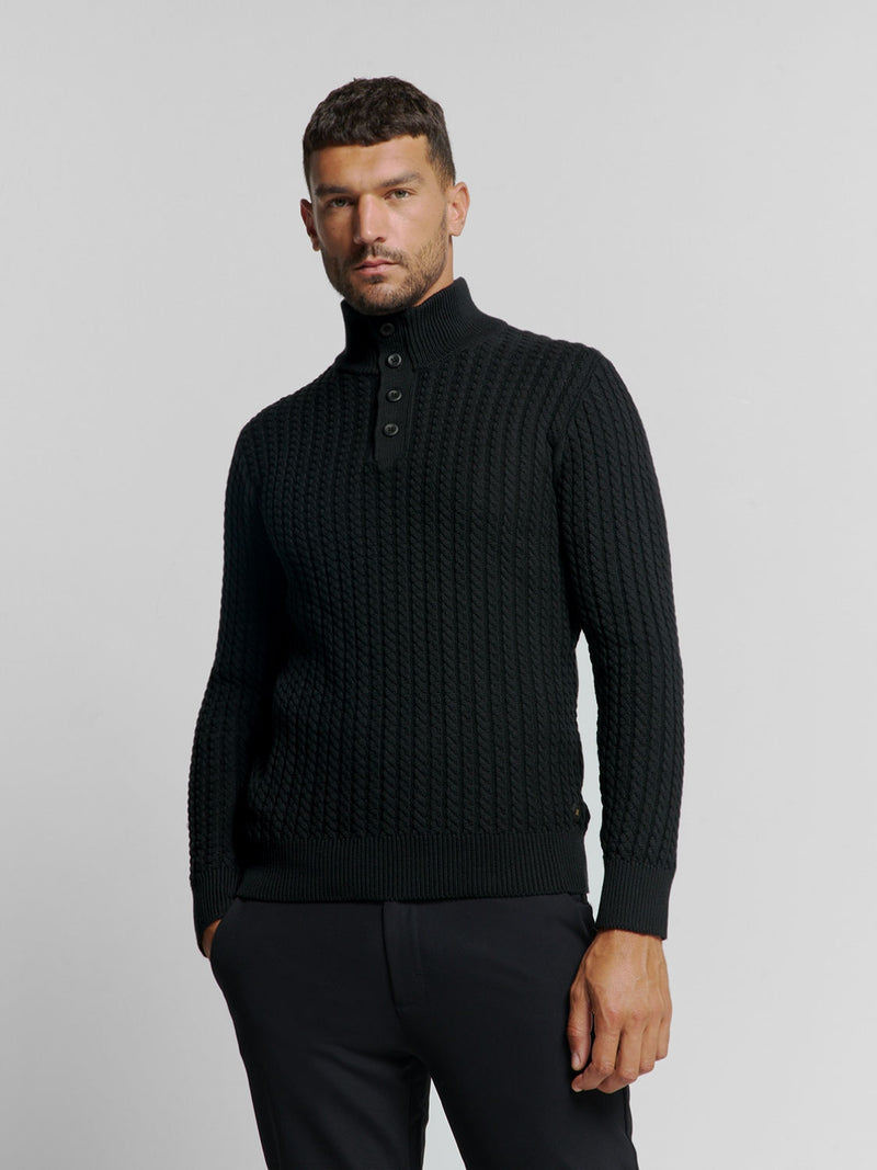 Half-Zip Knit with Buttons in Solid Jacquard: Classic Elegance and Comfort | Black