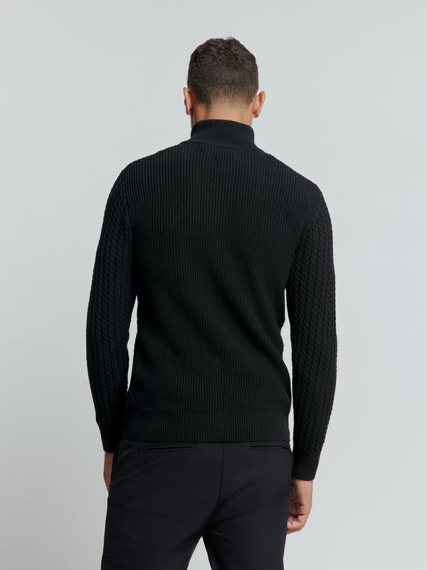 Half-Zip Knit with Buttons in Solid Jacquard: Classic Elegance and Comfort | Black