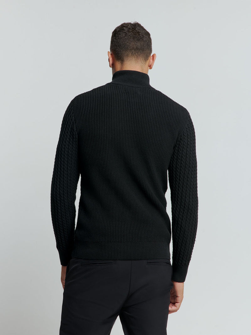 Half-Zip Knit with Buttons in Solid Jacquard: Classic Elegance and Comfort | Black