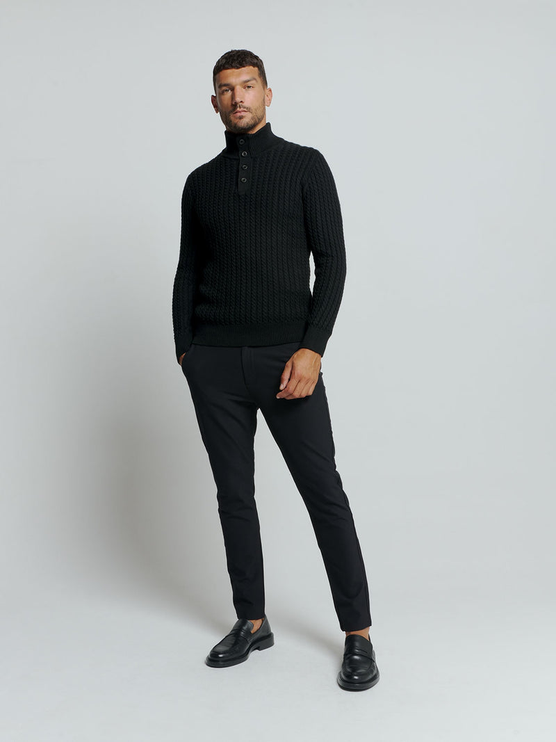 Half-Zip Knit with Buttons in Solid Jacquard: Classic Elegance and Comfort | Black