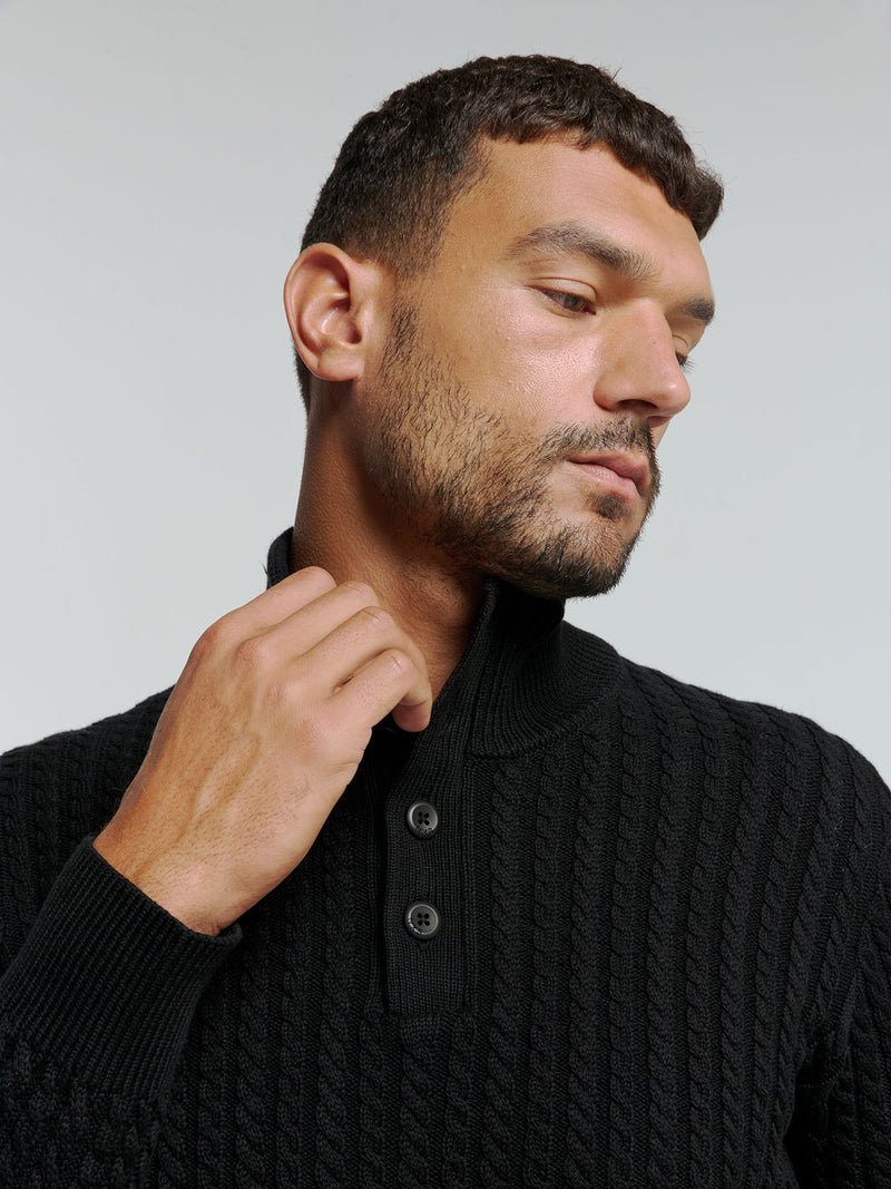 Half-Zip Knit with Buttons in Solid Jacquard: Classic Elegance and Comfort | Black