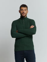 Half-Zip Knit with Buttons in Solid Jacquard: Classic Elegance and Comfort | Dark Green