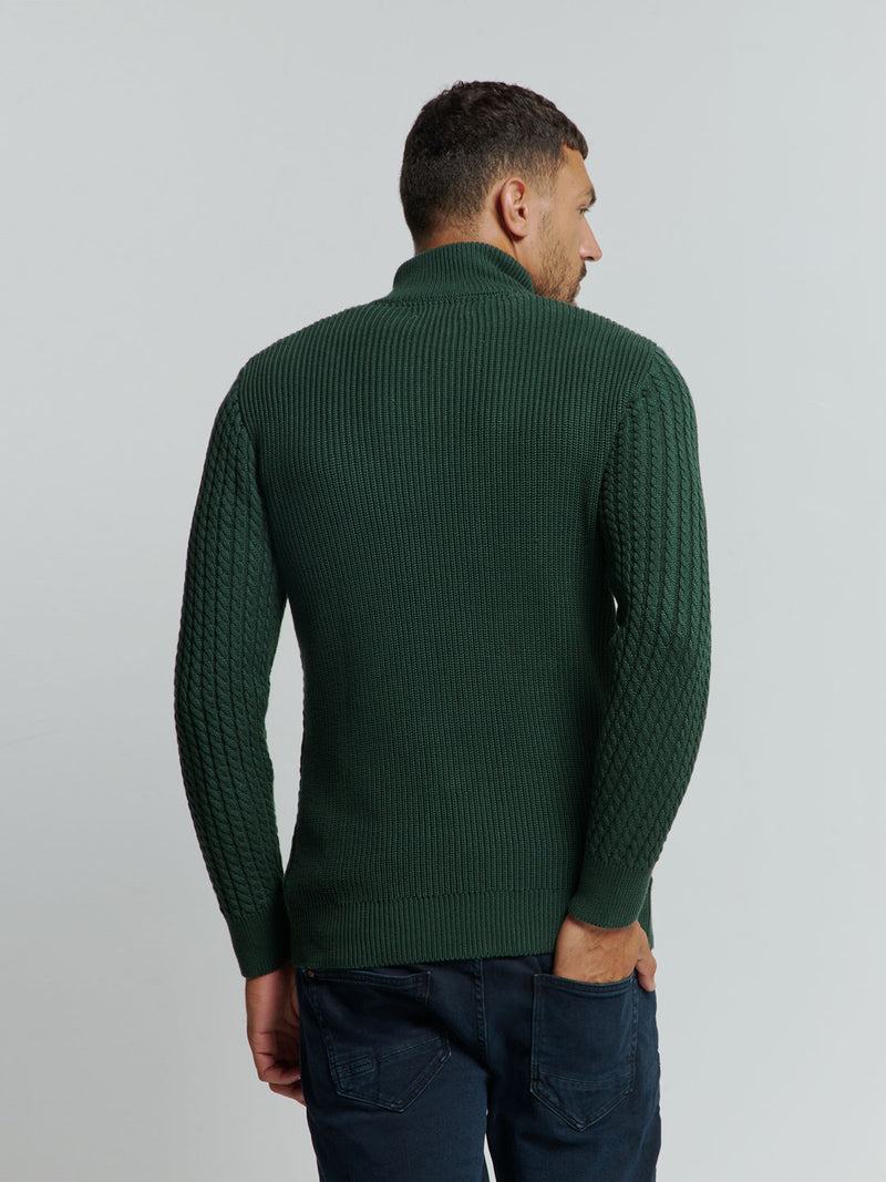 Half-Zip Knit with Buttons in Solid Jacquard: Classic Elegance and Comfort | Dark Green