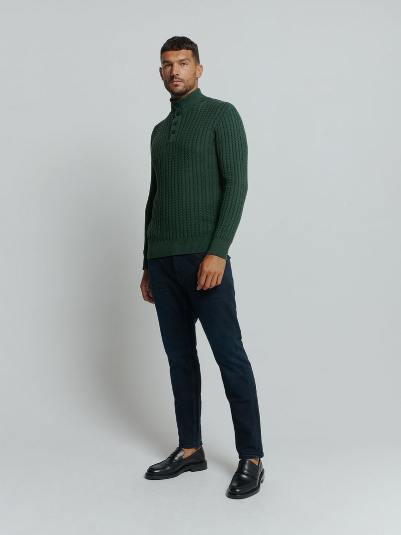 Half-Zip Knit with Buttons in Solid Jacquard: Classic Elegance and Comfort | Dark Green