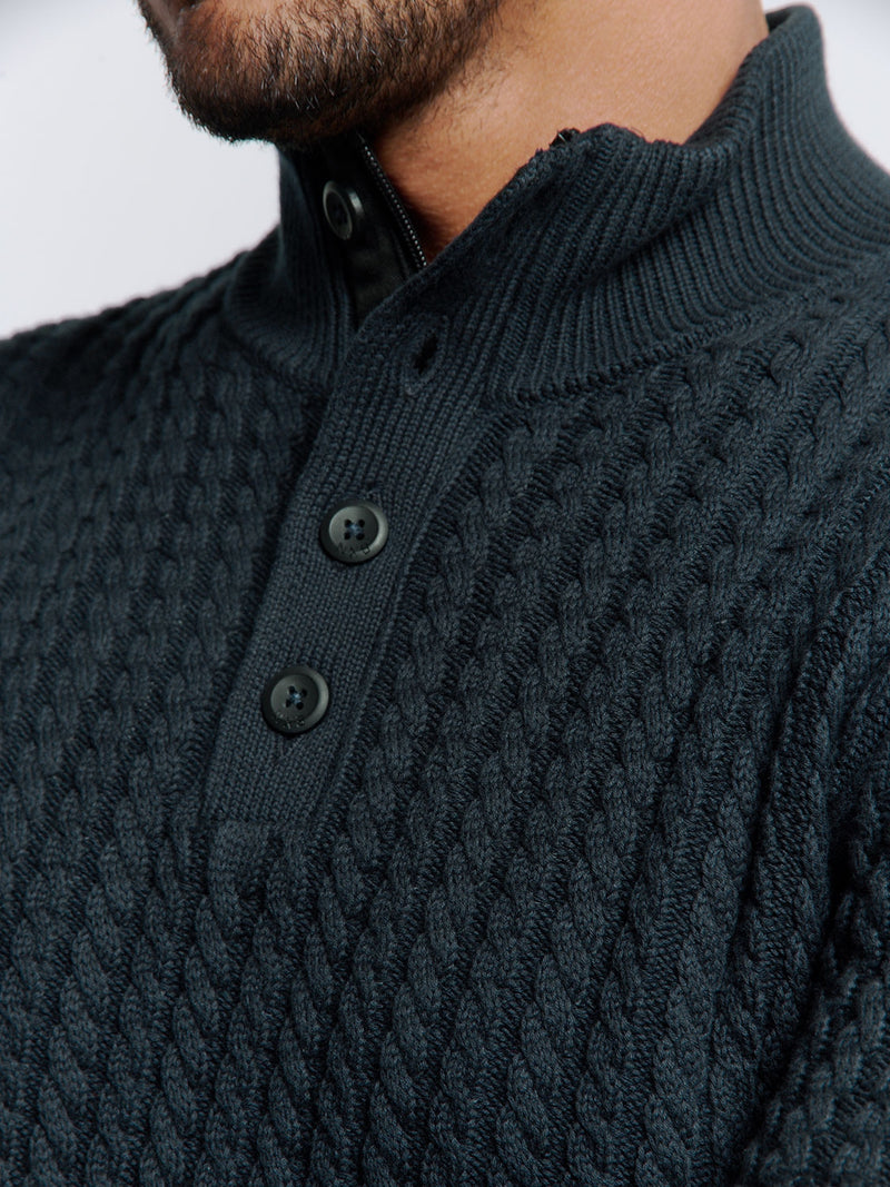 Half-Zip Knit with Buttons in Solid Jacquard: Classic Elegance and Comfort | Night