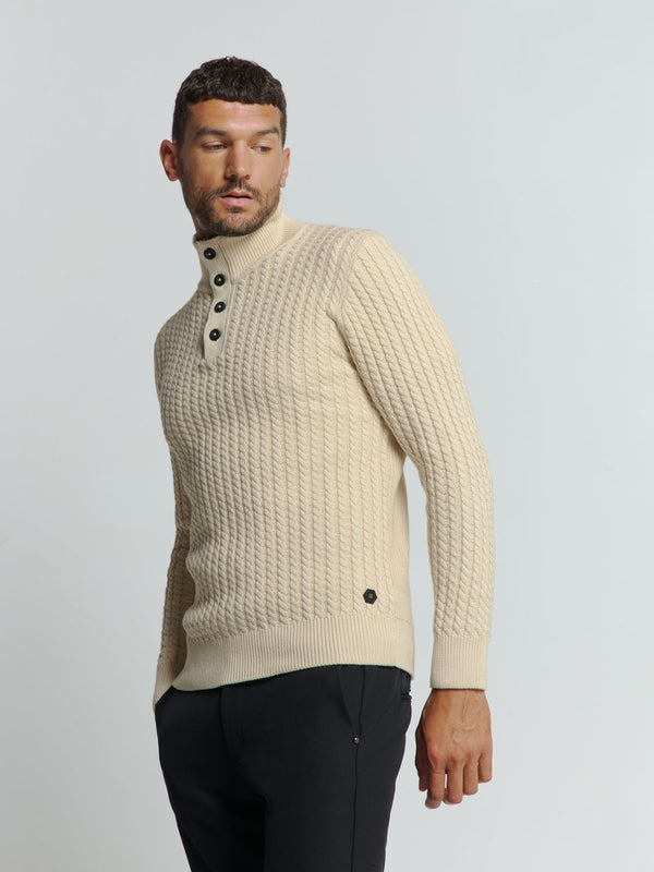 Half-Zip Knit with Buttons in Solid Jacquard: Classic Elegance and Comfort | Cement