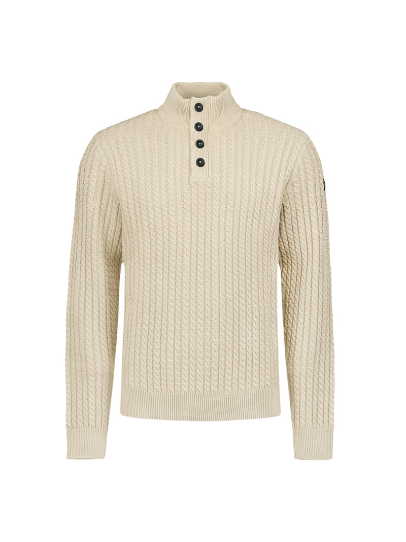 Half-Zip Knit with Buttons in Solid Jacquard: Classic Elegance and Comfort | Cement