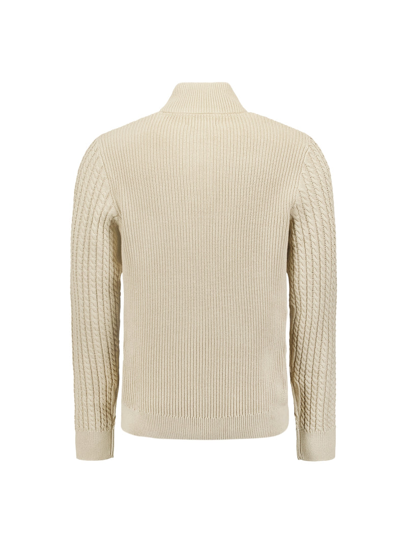 Half-Zip Knit with Buttons in Solid Jacquard: Classic Elegance and Comfort | Cement