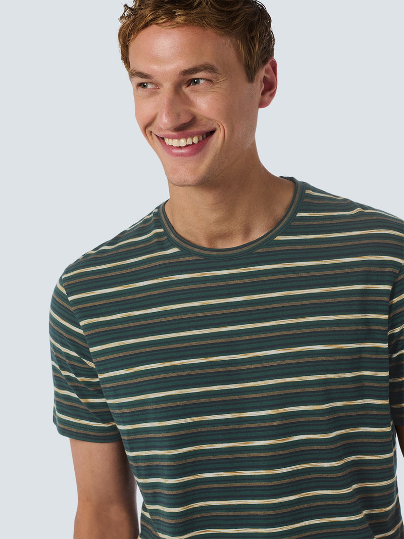 T-shirt with Round Neck and Multicolor Stripes | Dark Green