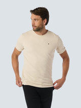 Round Neck T-Shirt with Rolled Sleeve Cuffs and Subtle Logo Print | Cement