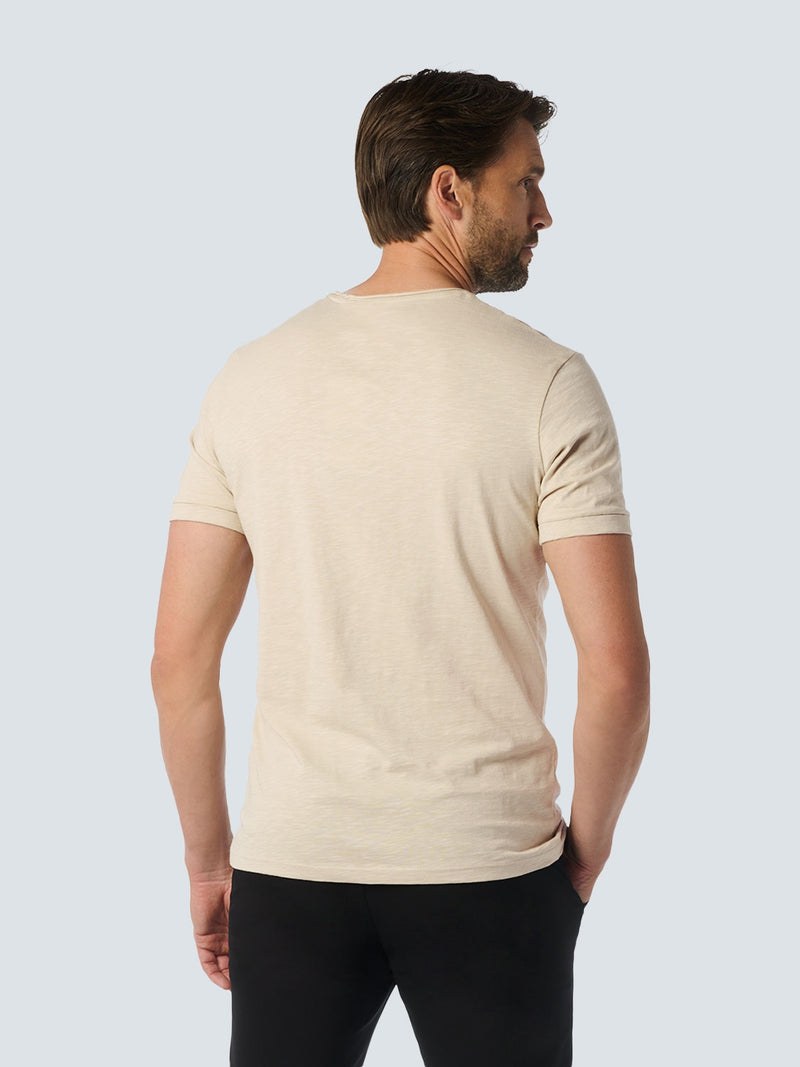 Round Neck T-Shirt with Rolled Sleeve Cuffs and Subtle Logo Print | Cement