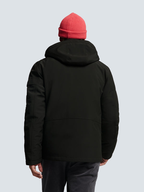 Short Softshell Jacket with Hood, Stretch, and Sleeve Pocket: Functional and Stylish | Black