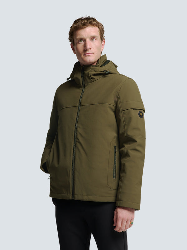 Short Softshell Jacket with Hood, Stretch, and Sleeve Pocket: Functional and Stylish | Taupe