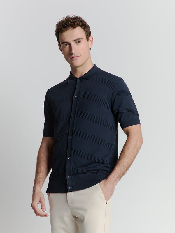 Pullover Short Sleeve Full Button Polo Relief Knit | Deep Blue