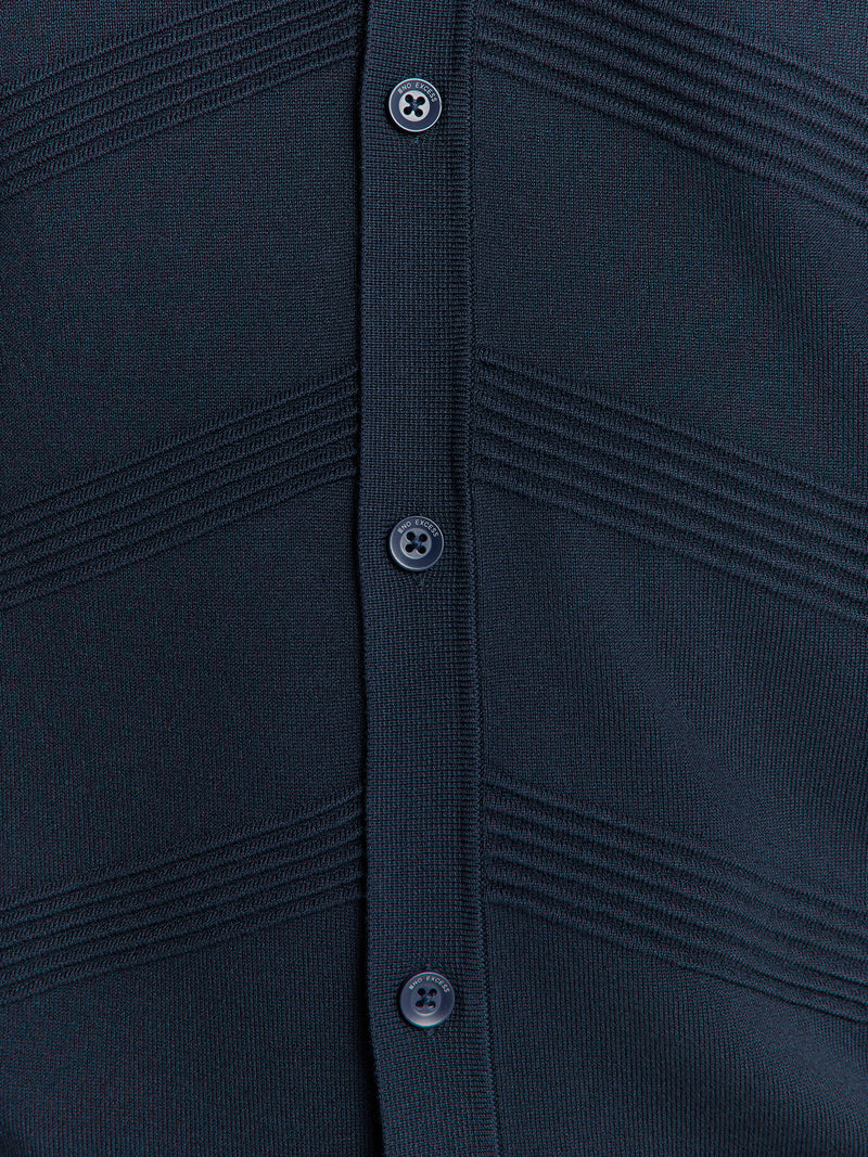 Pullover Short Sleeve Full Button Polo Relief Knit | Deep Blue