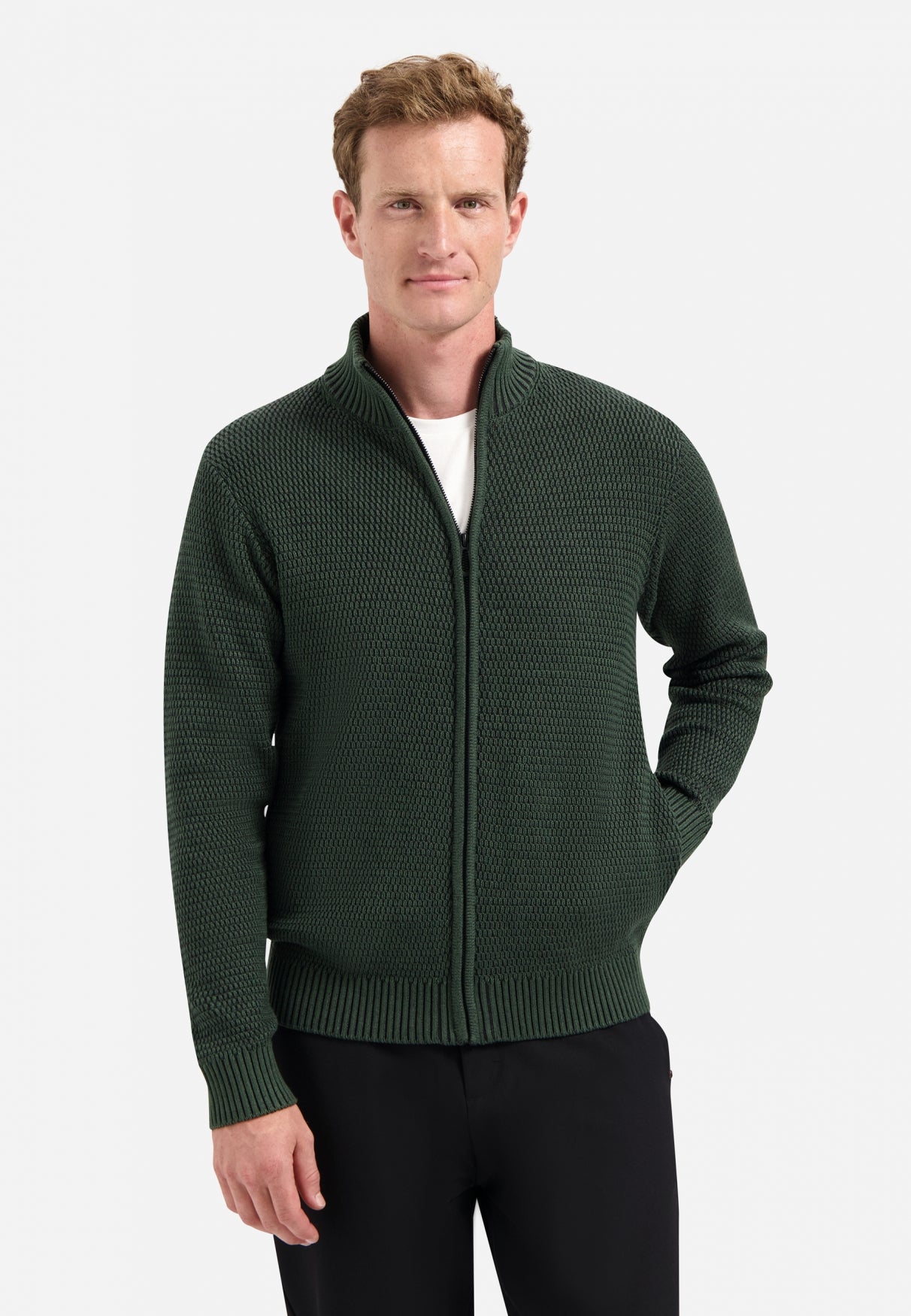 Heavy melange knitted cardigan | Dark Green