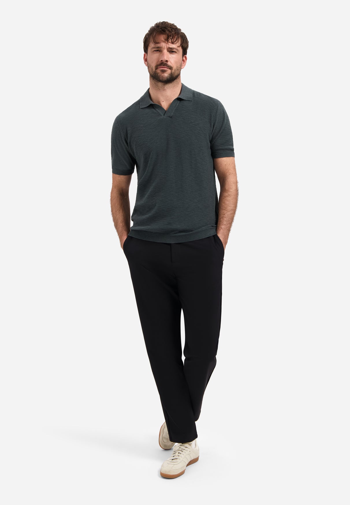 Knitted V-neck polo shirt | Dark Steel