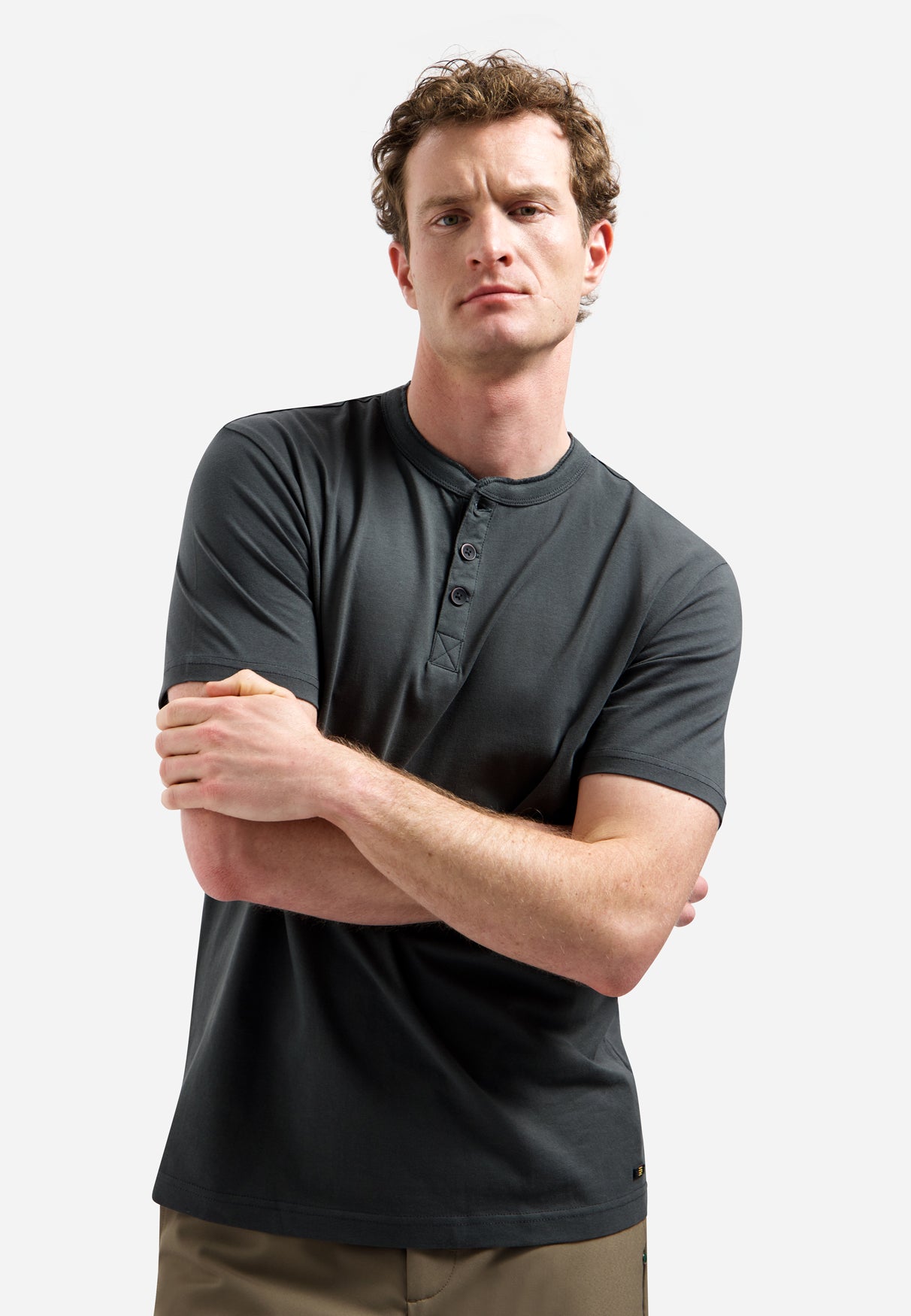 Melange T-shirt with button closure | Dark Steel