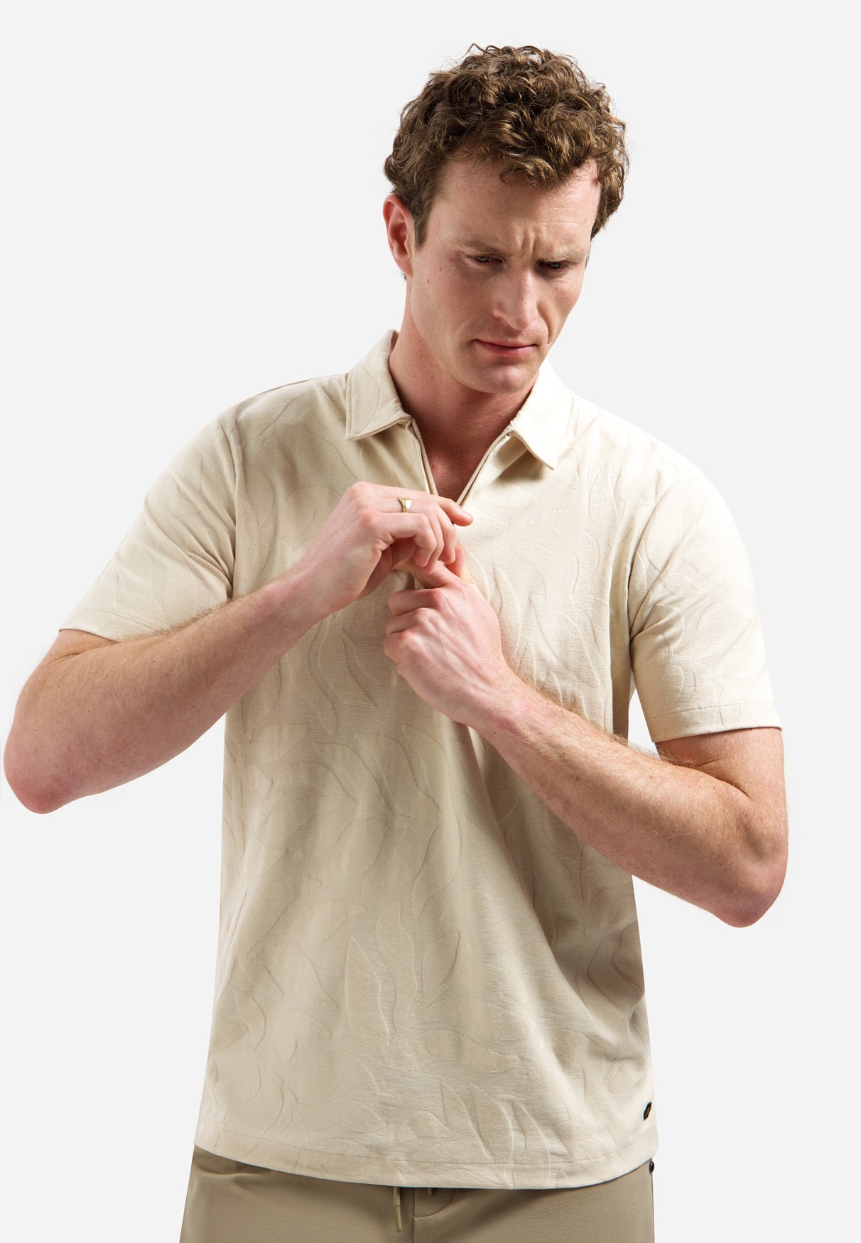 Jacquard polo shirt with half-zip | Desert
