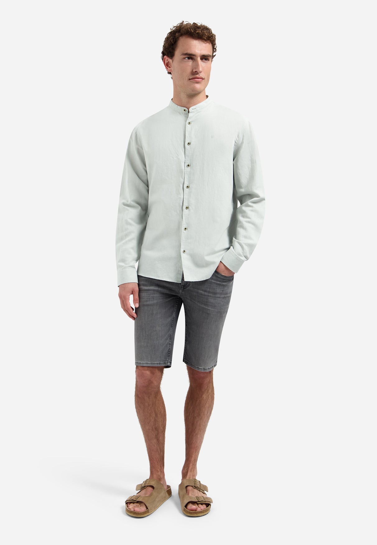 Linen-blend shirt with a stand-up collar | Dusty Green