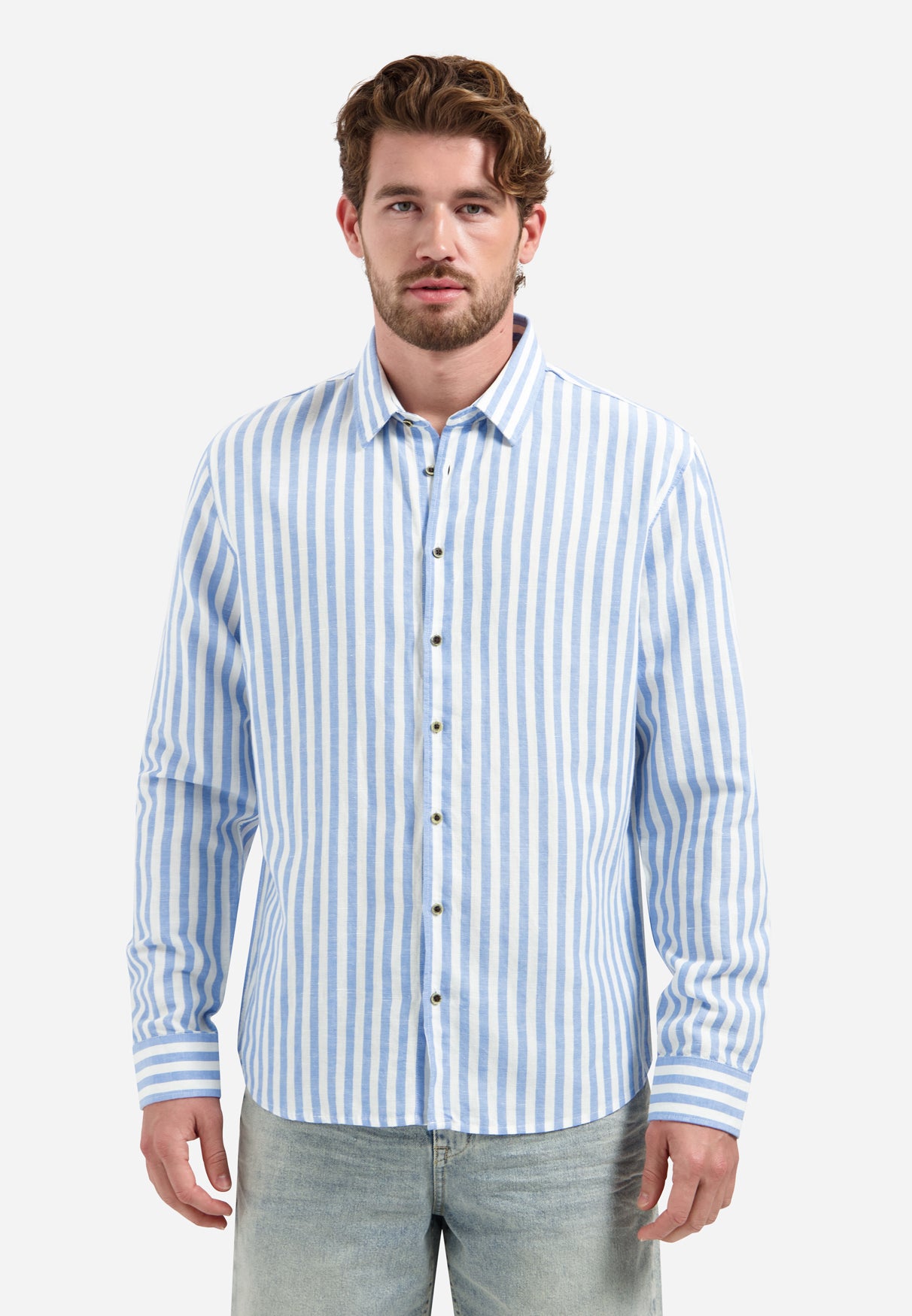Linen-blend shirt with wide stripes | Blue