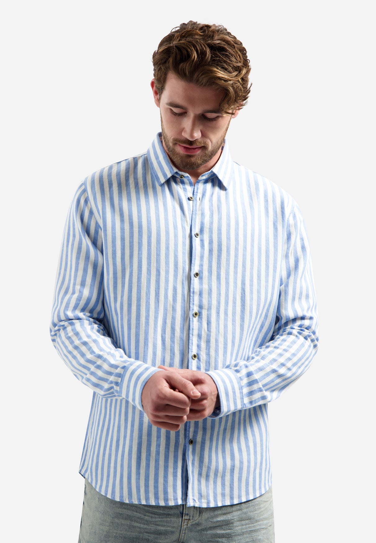 Linen-blend shirt with wide stripes | Blue