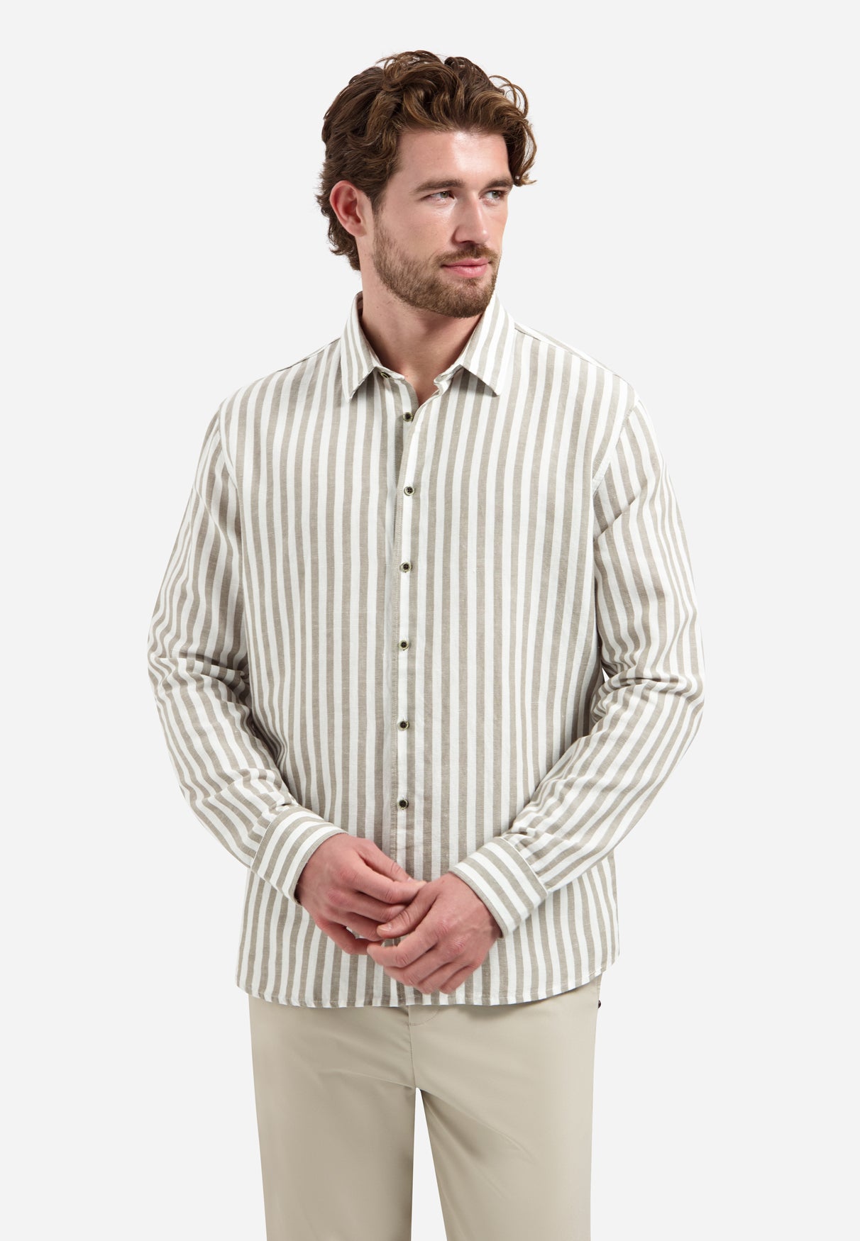 Linen-blend shirt with wide stripes | Taupe
