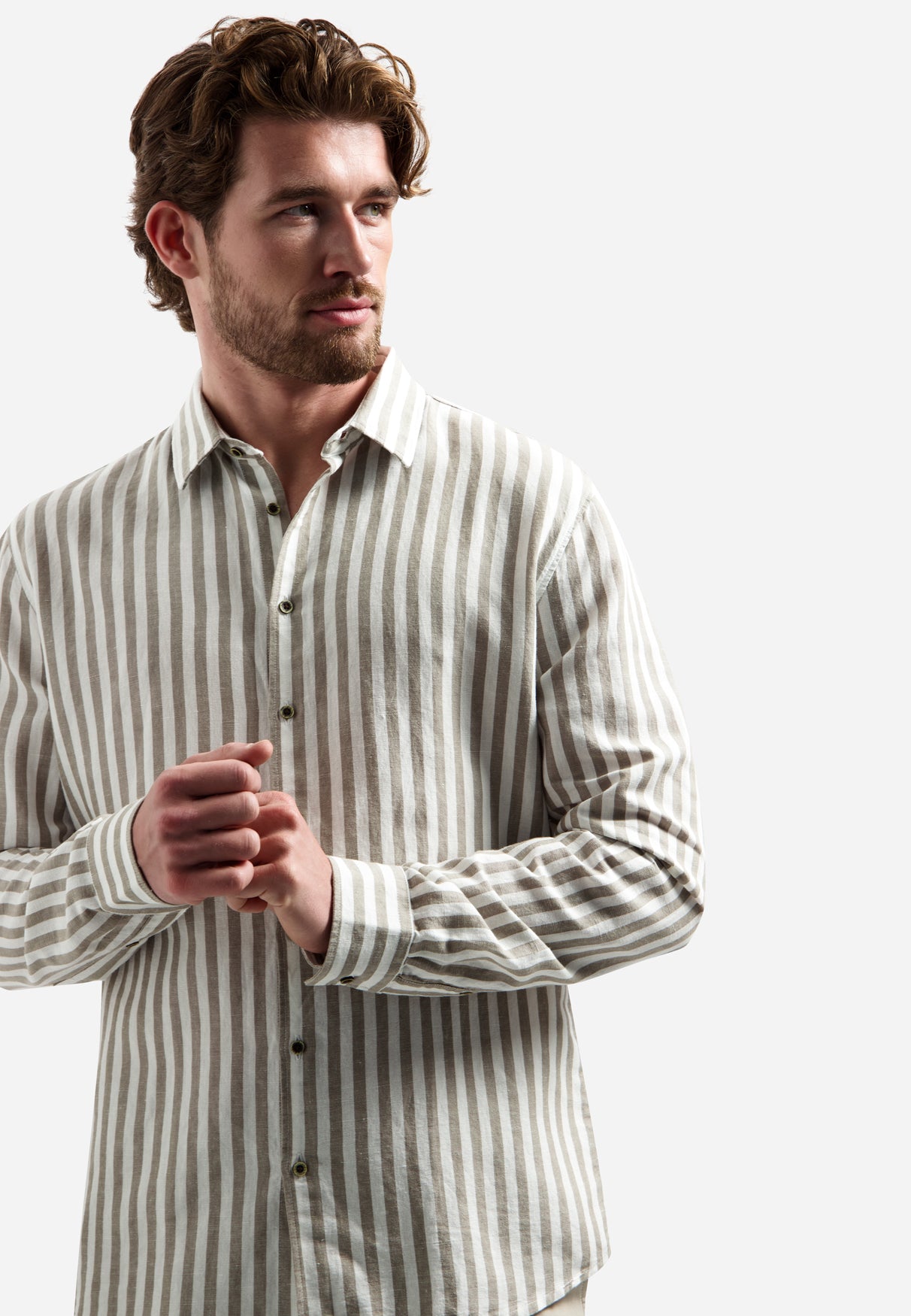 Linen-blend shirt with wide stripes | Taupe