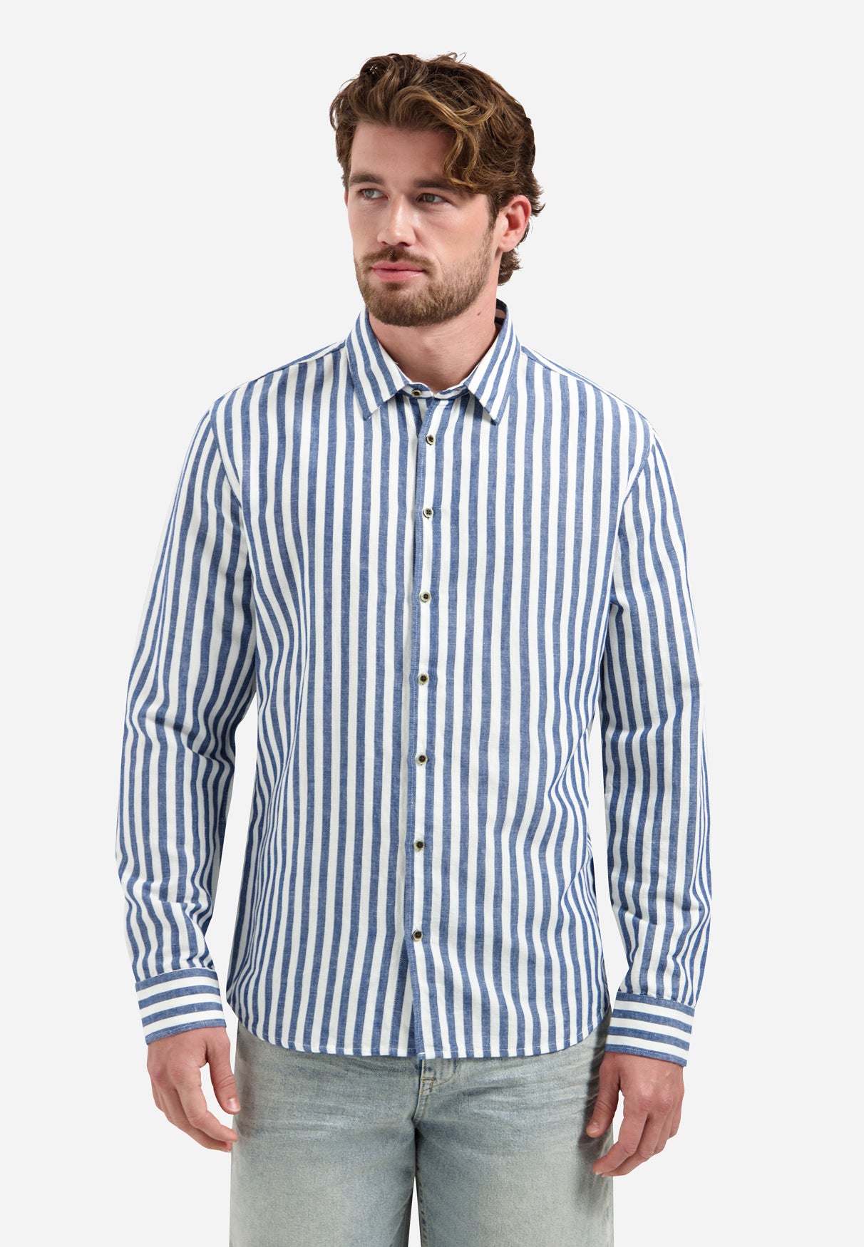 Linen-blend shirt with wide stripes | Indigo Blue