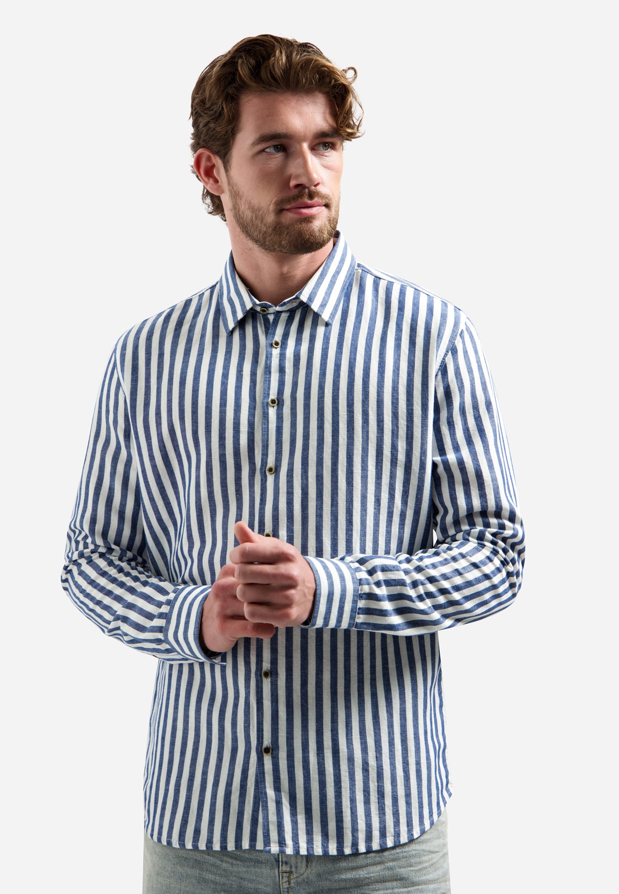 Linen-blend shirt with wide stripes | Indigo Blue