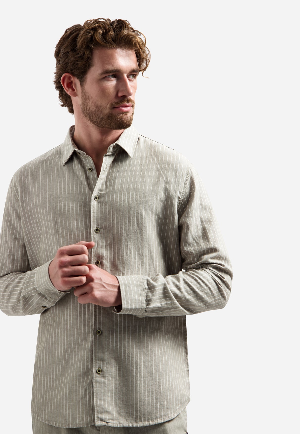 Linen blend shirt with fine stripes | Taupe