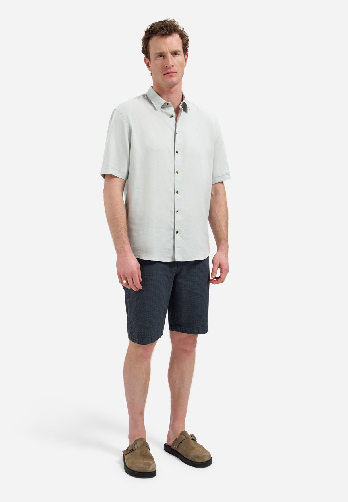 Short-sleeved linen blend shirt | Dusty Green