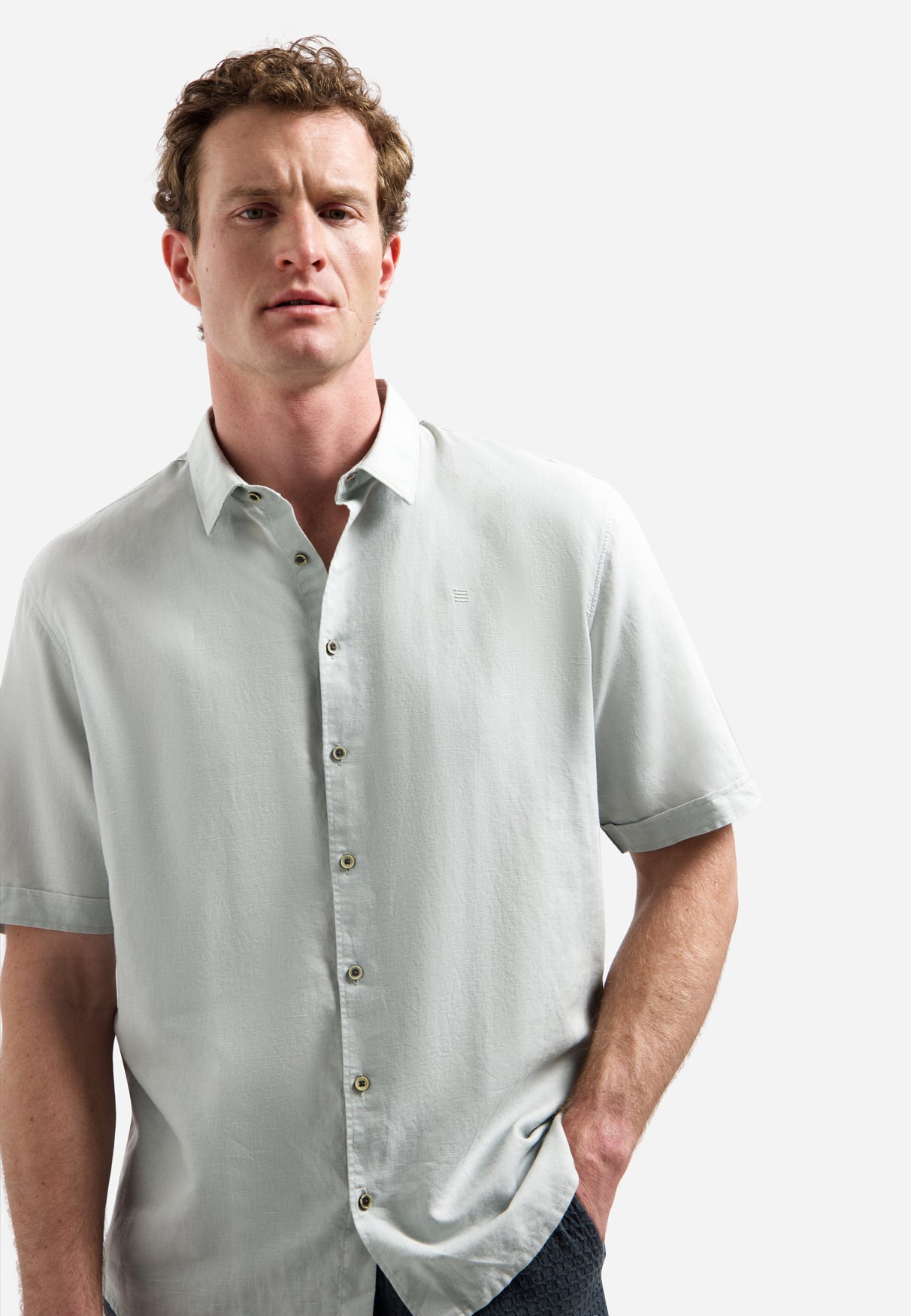 Short-sleeved linen blend shirt | Dusty Green
