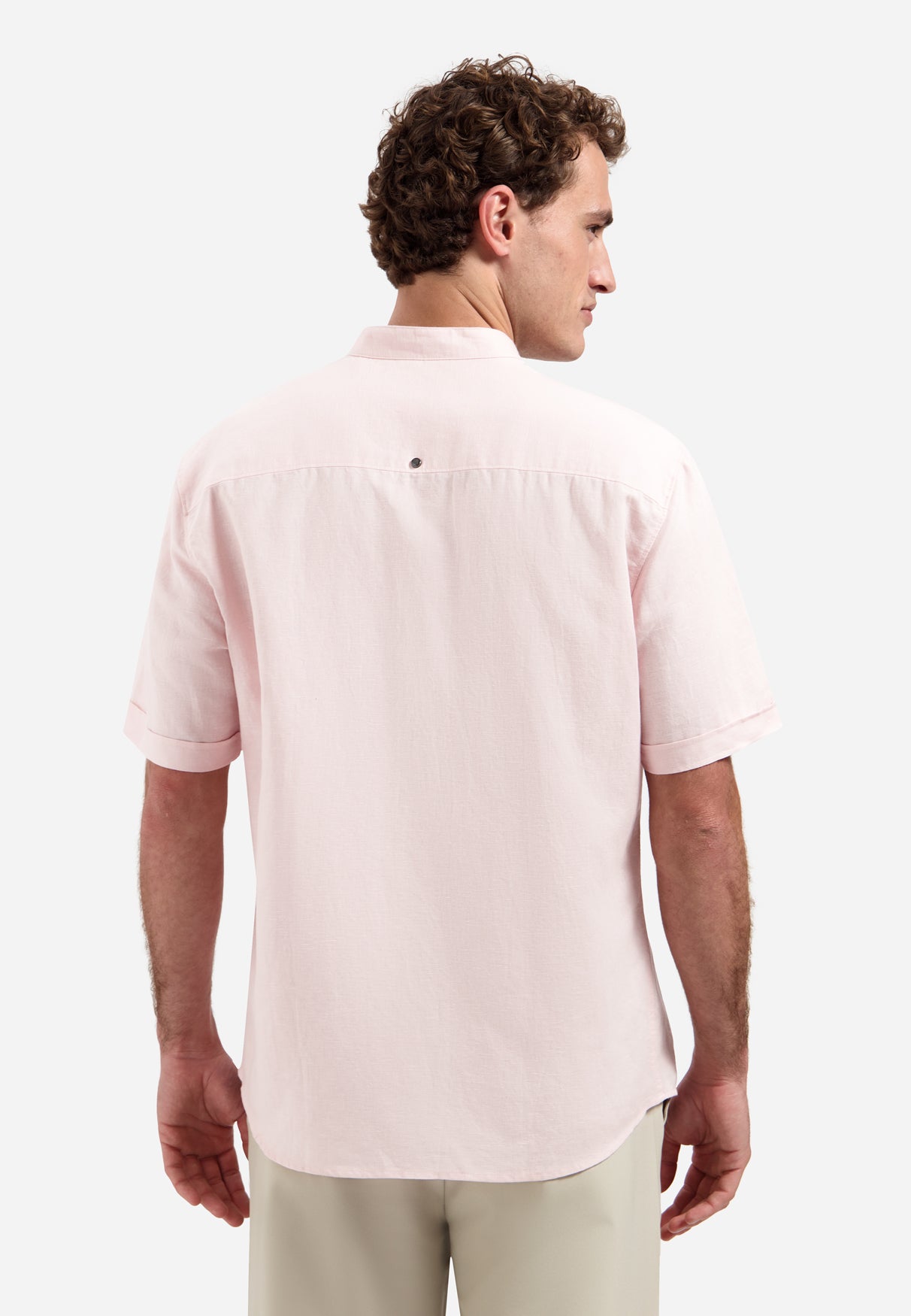 Linen blend shirt with short sleeves and a stand-up collar | Soft Pink