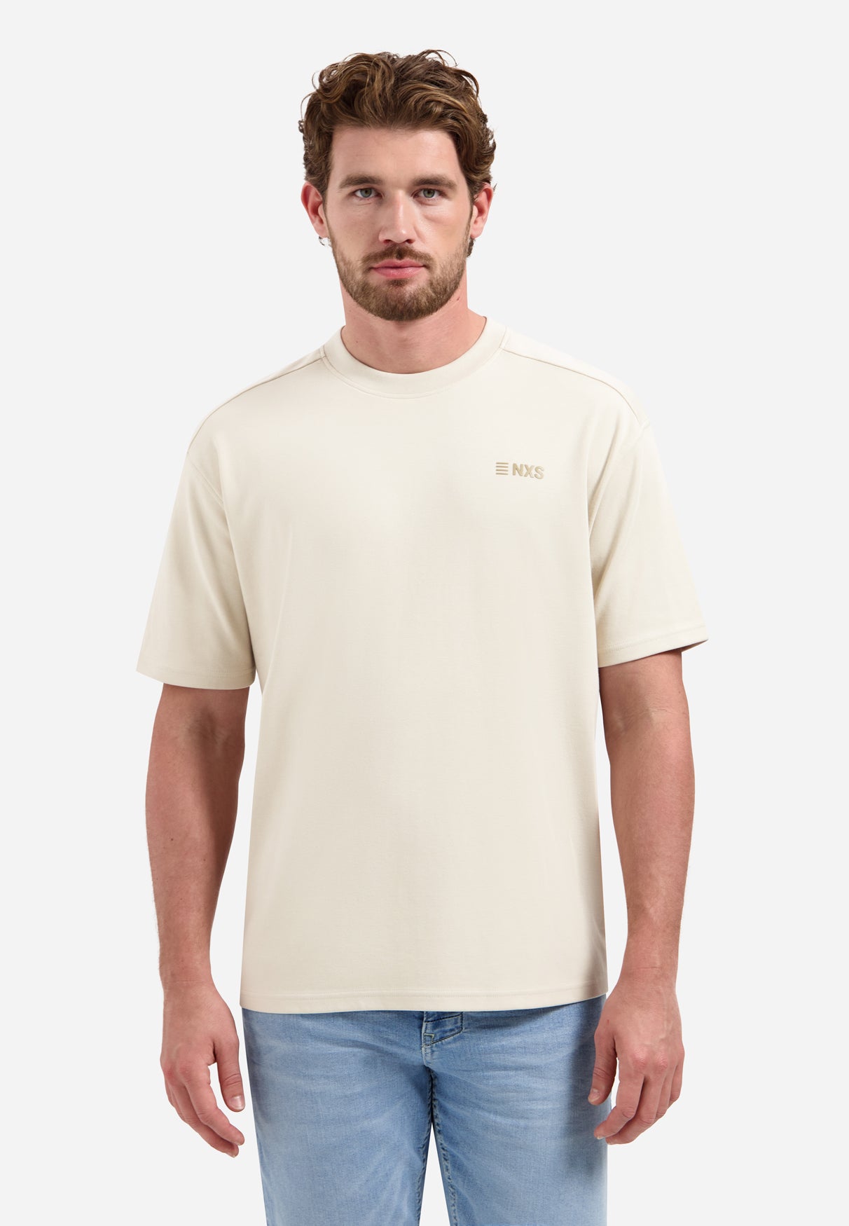Short-sleeve crewneck T-shirt with back print | Stone