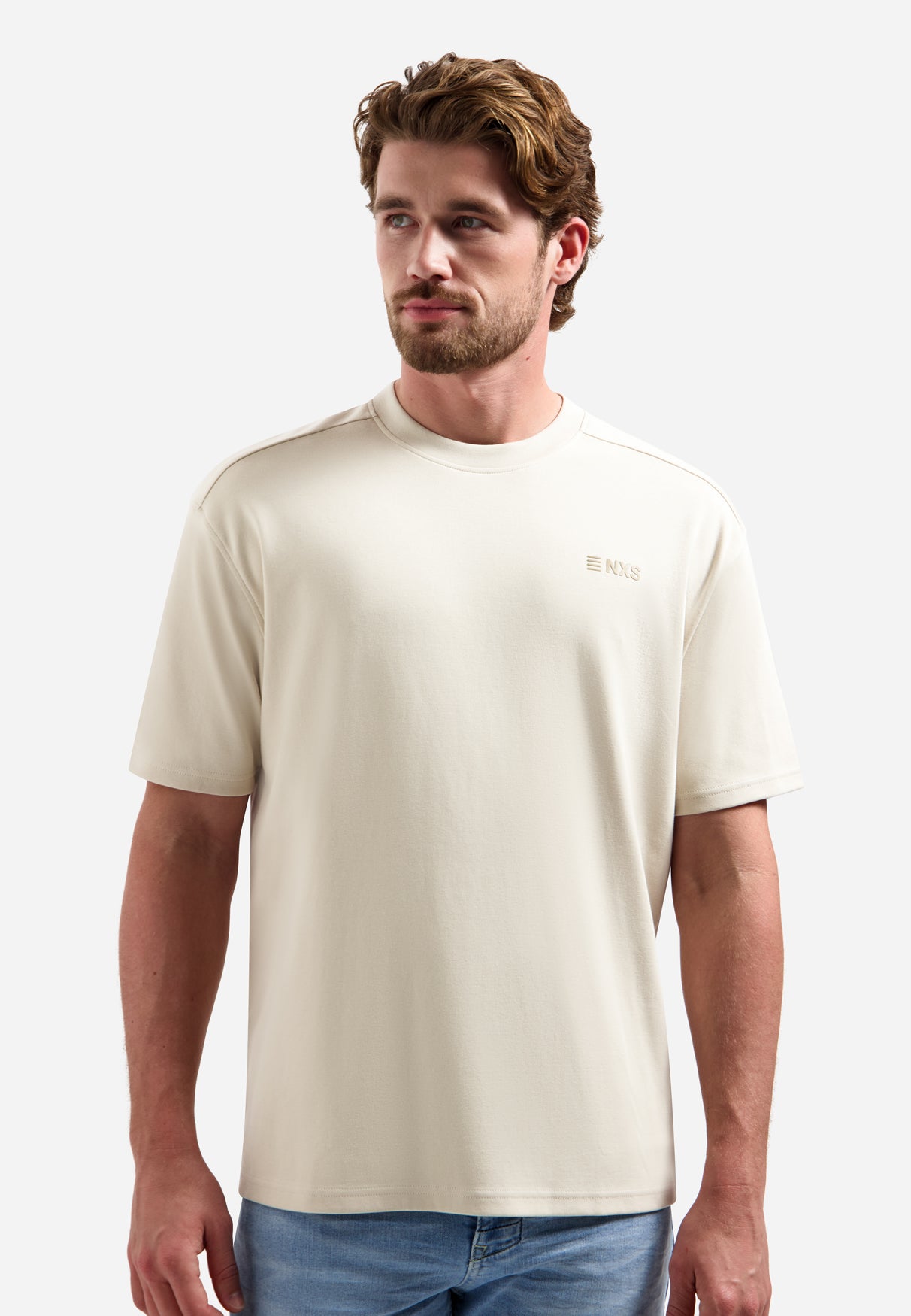 Short-sleeve crewneck T-shirt with back print | Stone