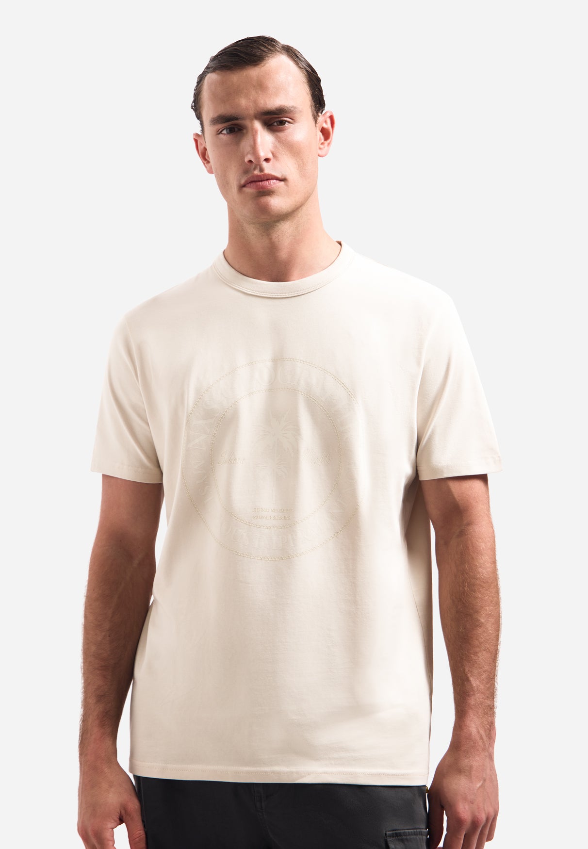 hort-sleeve crewneck T-shirt with print | Stone
