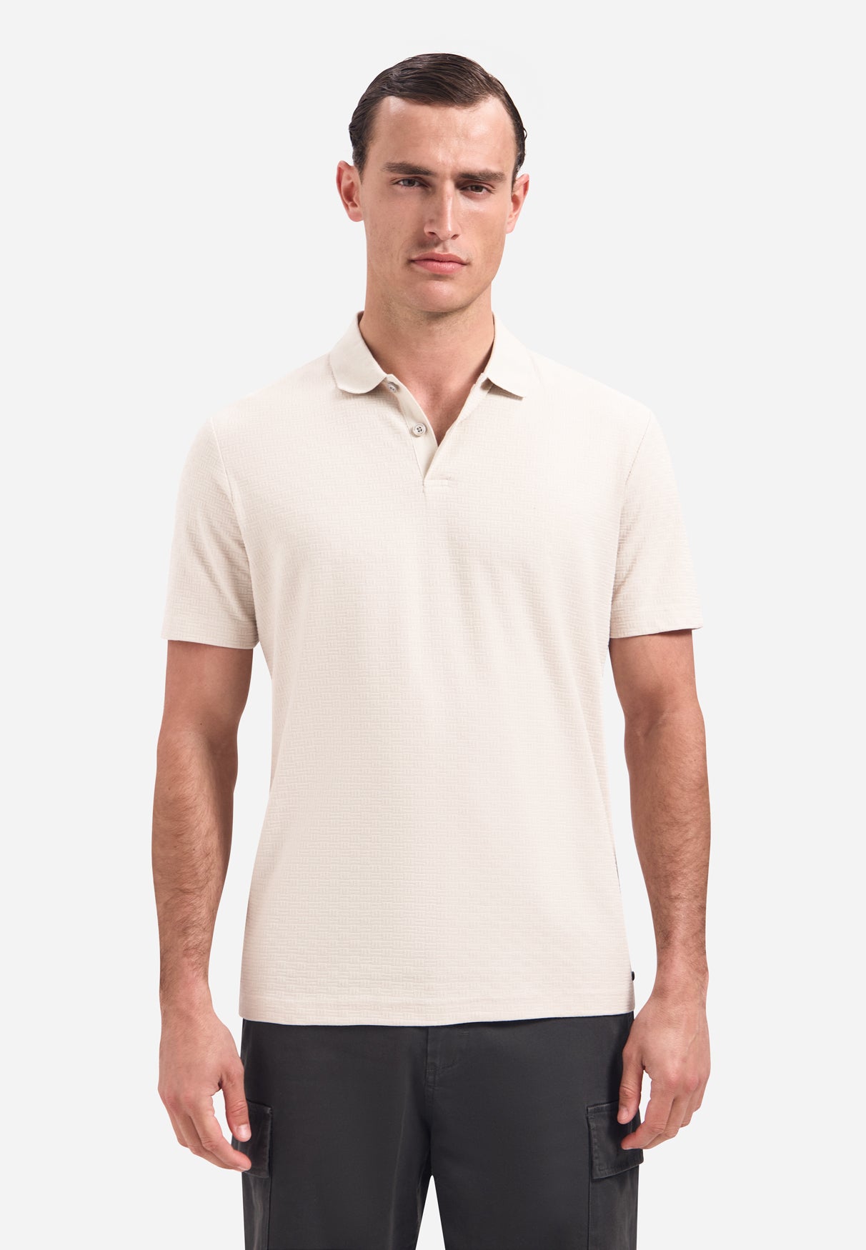 Short-sleeve structured V-neck polo | Stone
