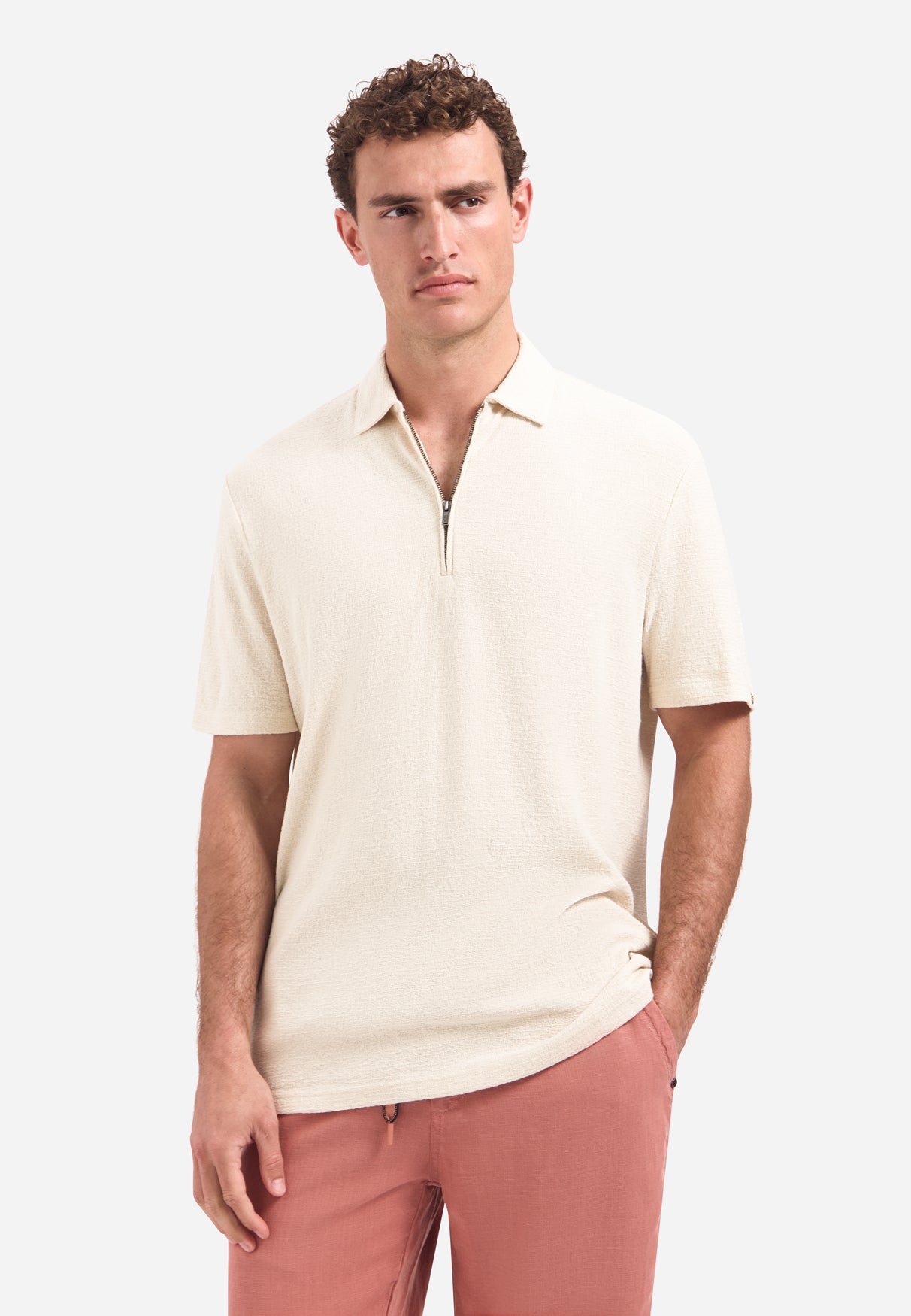 Short-sleeve V-neck polo with a zip-front | Stone