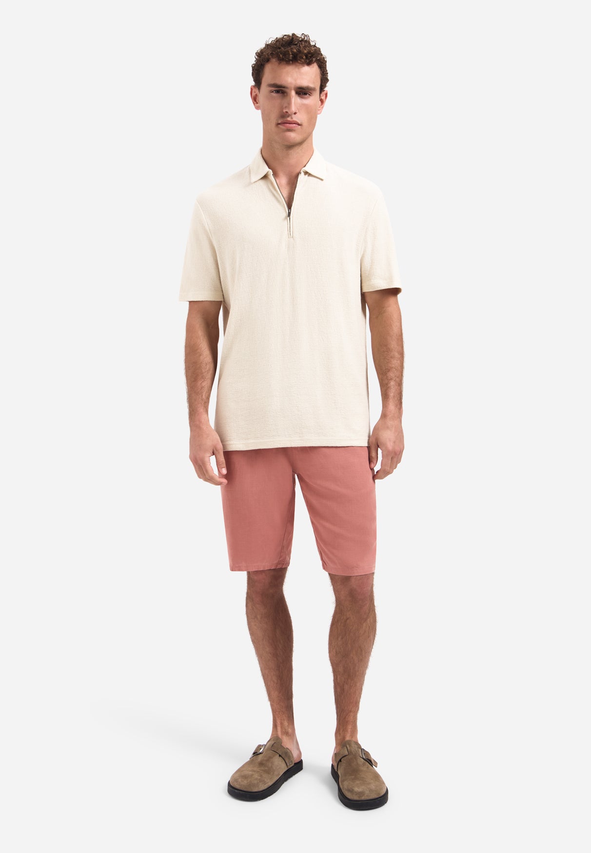 Short-sleeve V-neck polo with a zip-front | Stone