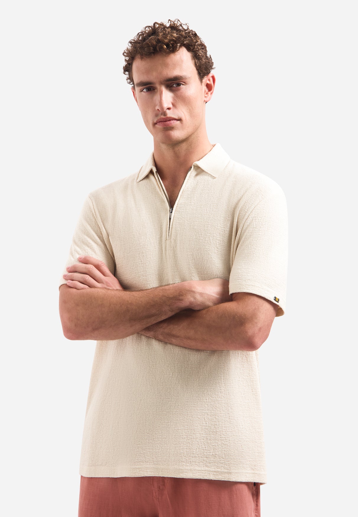 Short-sleeve V-neck polo with a zip-front | Stone