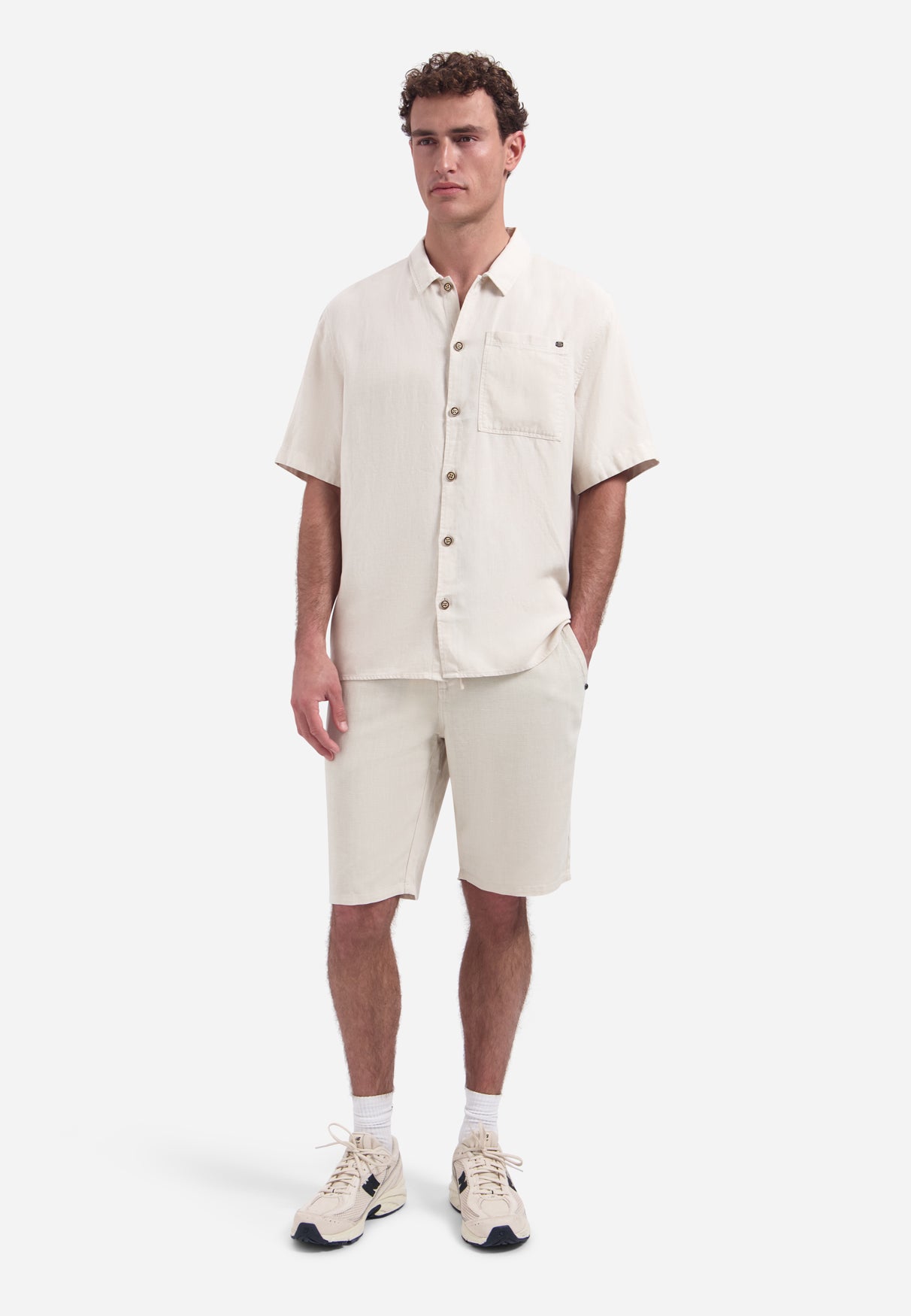 Short-sleeve linnen blend shirt | Stone