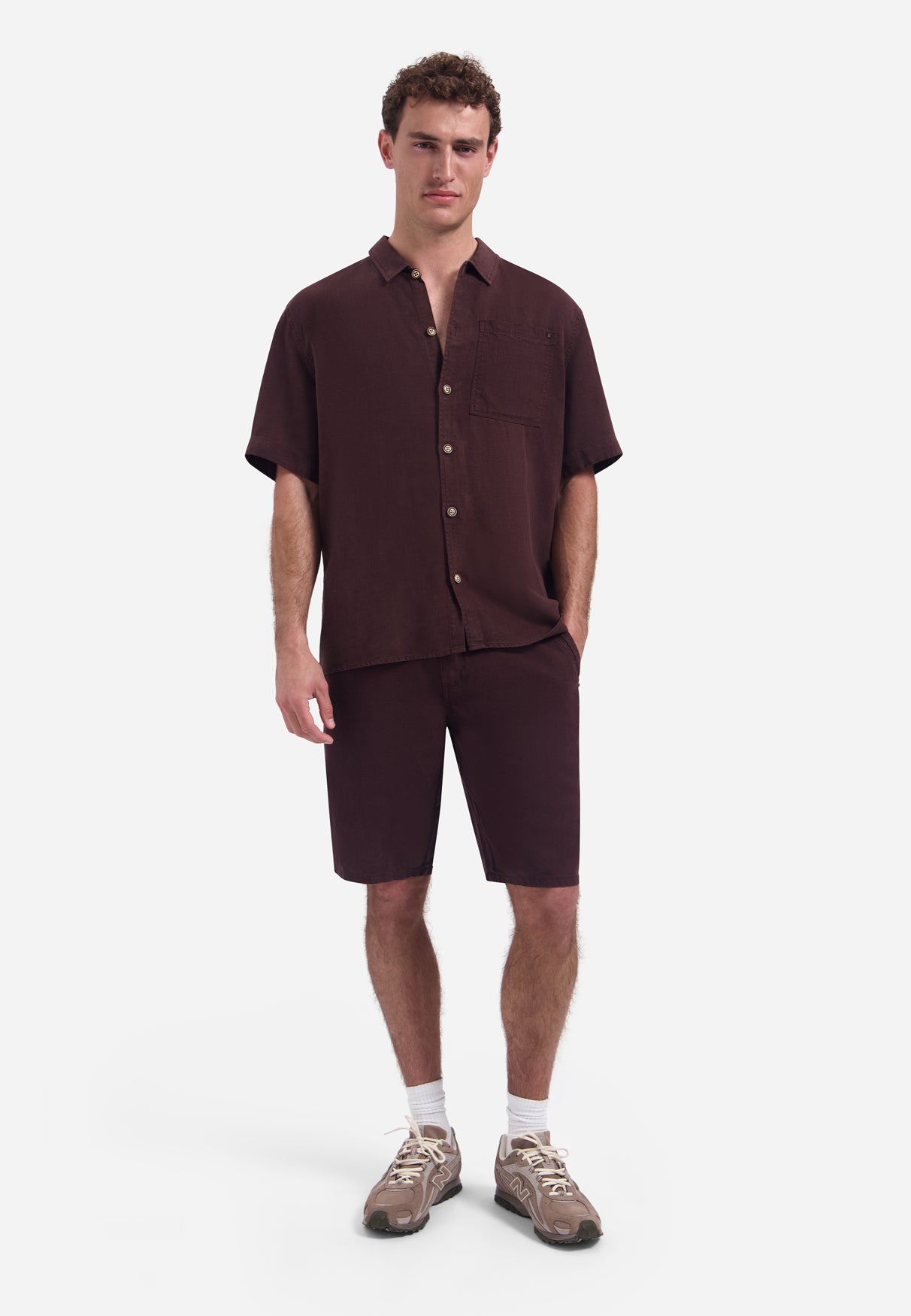 Short-sleeve linnen blend shirt | Dark Brown