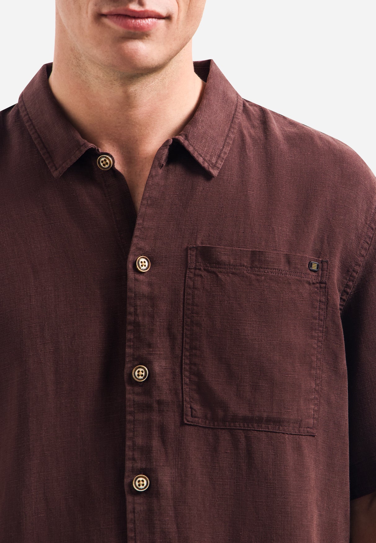 Short-sleeve linnen blend shirt | Dark Brown