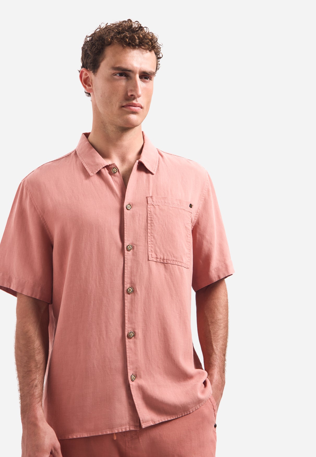 Short-sleeve linnen blend shirt | Coral
